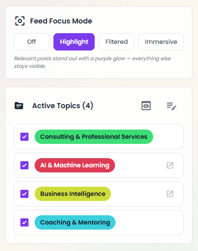 Fokuzio extension settings interface showing noise reduction, grayscale mode, and topic filtering options